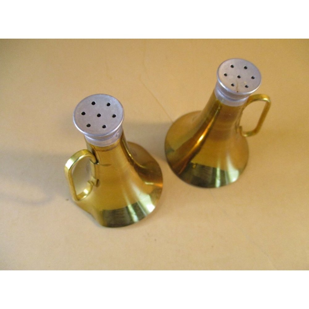 *VINTAGE BRASS BUGLE GLASS BOTTOM 'JAPAN' SALT & PEPPER SHAKER SET